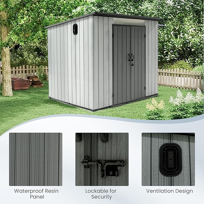 Domi 6.2x7.8 FT Outdoor Resin Storage Shed, All-Weather Double-Wall Storage Building with Sloping Roof for Backyard, Garden, Lawn Tools, Mower, Bike & Pool Equipment, Lockable Doors, Ventilated Roof