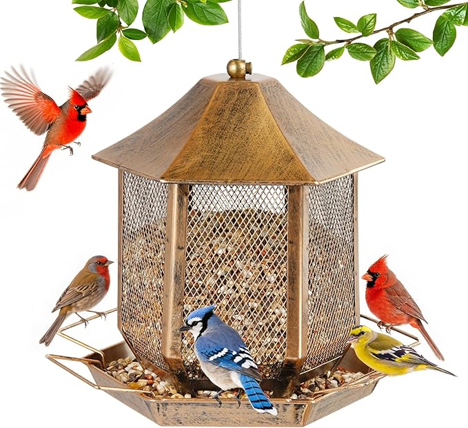 Bird Feeders for Outdoors, 3LB Capacity Metal Bird Feeder Wild Birdfeeders Outside Hanging, Vintage Bronze Rust-Resistant Birdfeeder for Garden Yard Balcony Decor, Easy Fill