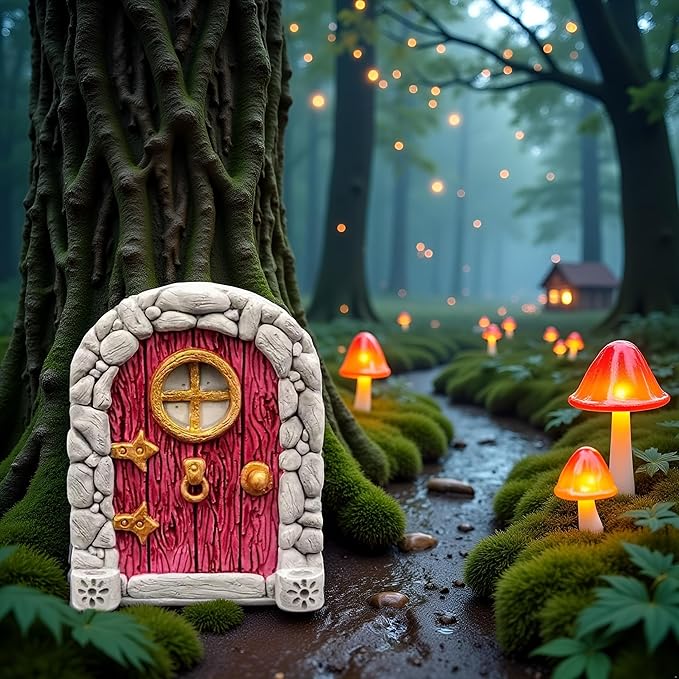 Red Mini Fairy Garden Door for Tree, 3D Miniature Fairy Door for Fairytale Tiny House Doors, Bonsai Terrarium Micro Landscape Decoration Accessories Garden Miniatures