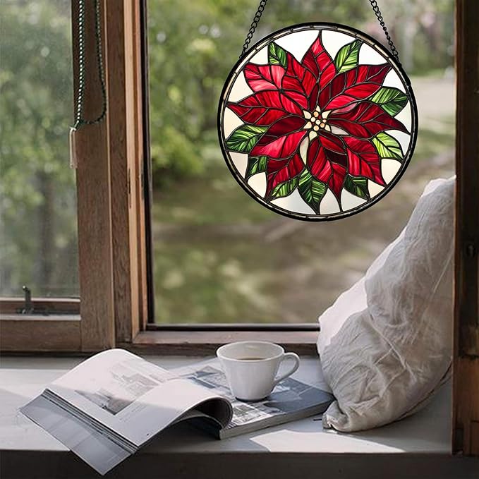 Stained Glass Window Hanging - Red Poinsettia Birth Flower Suncatcher for Door Garden Yard Sun Catchers Decor Christmas Mother's Day Birthday Gifts for Women Mom Nana Friend Men 9.8 in