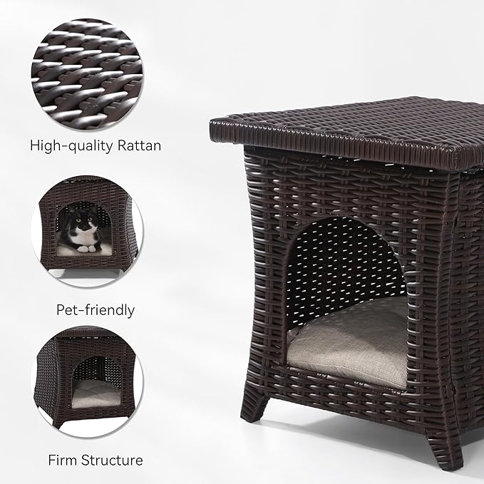 Outdoor Wicker Side Table, Patio Side Table with Thick Cushion for Pet Cats, PE Wicker End Table for Balcony Porch Deck