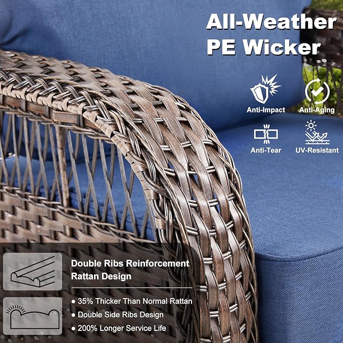 Patio Furniture Sets, 6 Pieces Wicker Outdoor Furniture with Patio Sidetables - 360 Degree Swivel Rocking Chairs and Rattan Side Table for Garden, Porch, Backyard, Blue/Brown Wicker