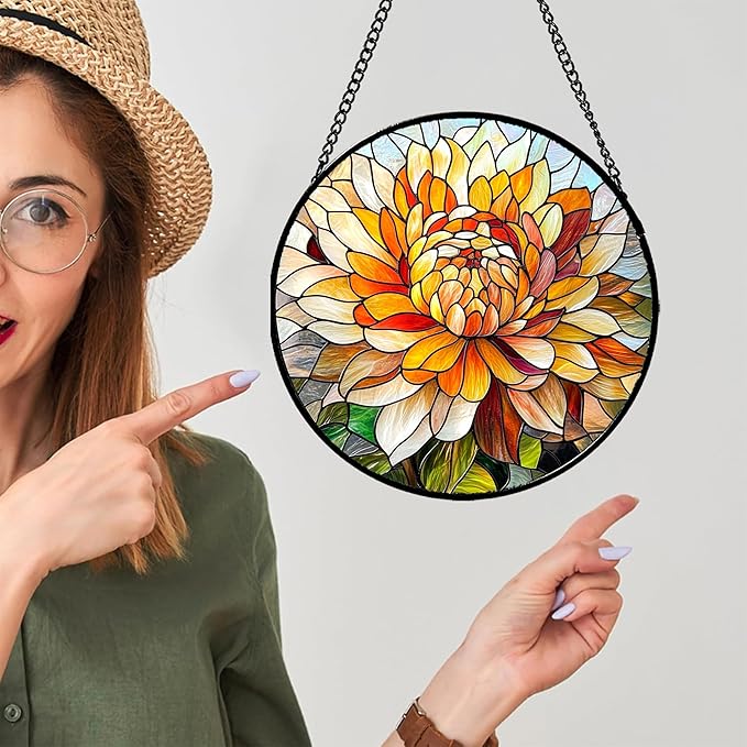 Stained Glass Window Hanging - Chrysanthemum Suncatcher for Doors Garden Patio Birth Flowers Sun Catchers Decor Christmas Mother's Day Birthday Gifts for Women Men Mom Nana Friend 6.3 in