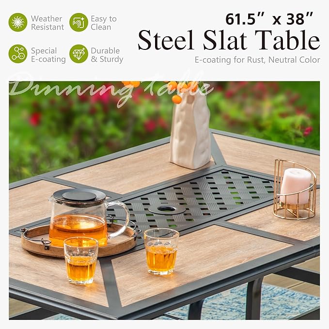 Sophia & William Patio Set with Umbrella Patio Dining Set for 6 with 13ft Rectangle Patio Umbrella Red, 6 x Patio Chairs Blue, 1 Wood Like Outdoor Dining Table with Umbrella Hole for Lawn Garden