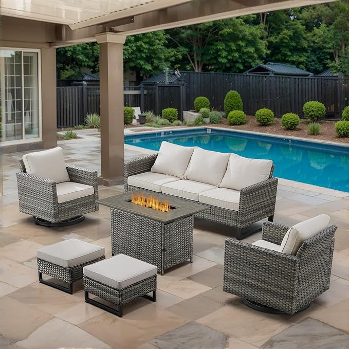 6 Piece Wicker Patio Furniture with Fire Pit Table - Outdoor Conversation Set with 50,000 BTU Fire Pit, All Weather Rattan Patio Set for Deck Backyard Garden - Grey Wicker Beige Cushion