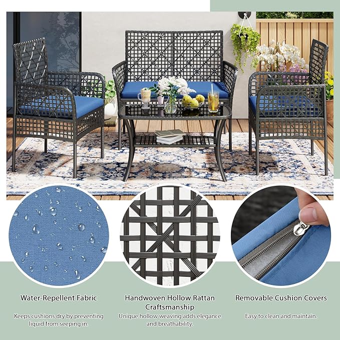4-Piece Patio Furniture Set, Weather-Resistant Rattan Patio Conversation Set with Two-Tier Coffee Table, Upholstered Openwork Wicker Furniture for Porch, Garden, Lawn, Blue