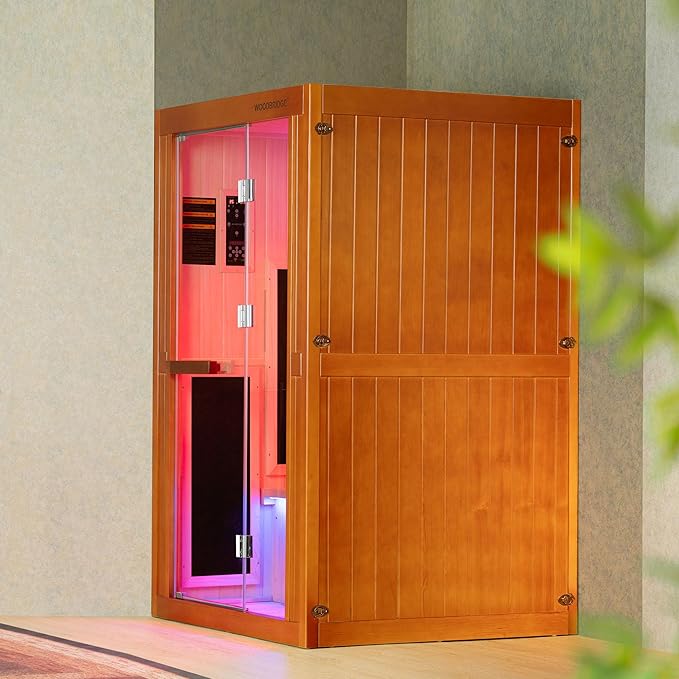 Woodbridge Infrared Home Sauna Room 2 Person Hemlock Wooden Indoor Sauna with 7 Carbon Heaters, Red Light Therapy, Bluetooth Speaker, Intelligent Control Panel, Tempered Glass & Top Vent
