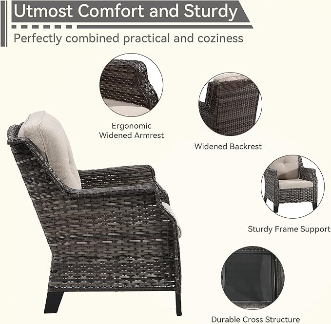 5 Piece Patio Furniture Wicker Conversation Set, 2 Chairs, 2 Ottomans with 1 Side Table, for Outdoors, Backyard, Deck, Beige