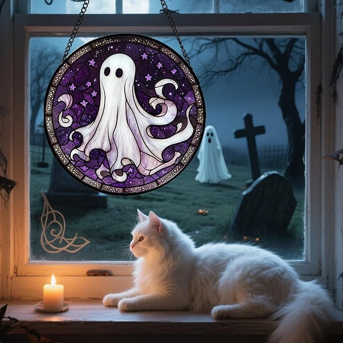 Stained Glass Window Hanging - Halloween Decorations White Ghost Purple Stars Suncatcher for Doors Garden Spooky Funny Sun Catchers Gothic Decor Horror Gifts for Women Men Friend 7.8 in