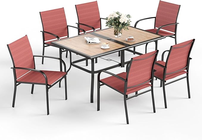 7 Pcs Patio Dining Set for 6, Rectangular Metal Dining Table (PVC Table Top) with Umbrella Hole and 6 Chairs, Outdoor Dining Set for Lawn Garden Deck, Red
