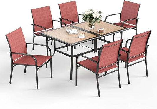 7 Pcs Patio Dining Set for 6, Rectangular Metal Dining Table (PVC Table Top) with Umbrella Hole and 6 Chairs, Outdoor Dining Set for Lawn Garden Deck, Red