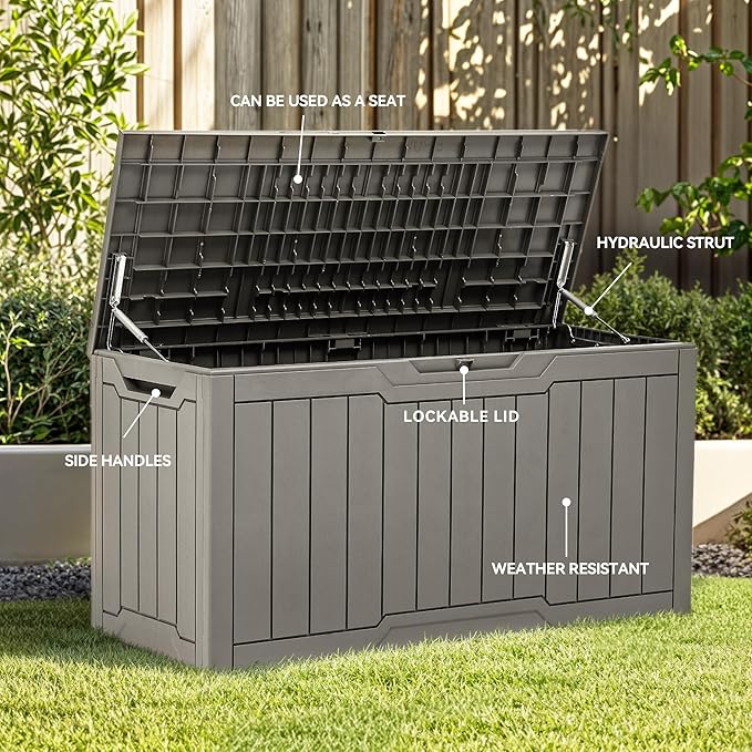YITAHOME 100 Gallon Resin Deck Box, Weather Resistant Outdoor Storage Box, Lockable Indoor Outdoor Storage for Supplies and Essentials, Taupe
