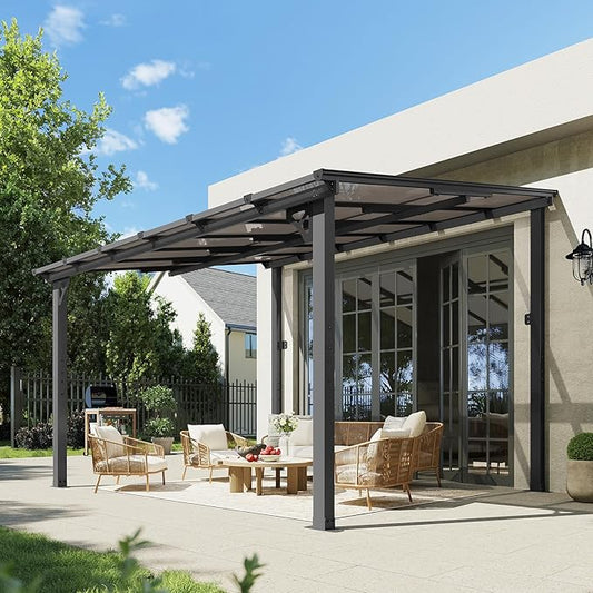 Aoxun 10' x 12' Gazebo for Patio, Gazebo Pergola with Sloped Roof, Large Wall-Mounted Heavy Duty Awnings, for Backyard, Deck, Patio (Gray Polycarbonate Panel)