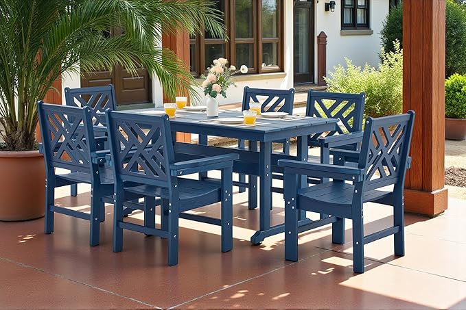 7 Piece HDPE Outdoor Dining Set for 6, Patio DHPE Furniture Set with Umberlla Hole, Weather Resistent Outdoor Table and Chairs for Garden, Poolside, Backyard, Deck, Blue
