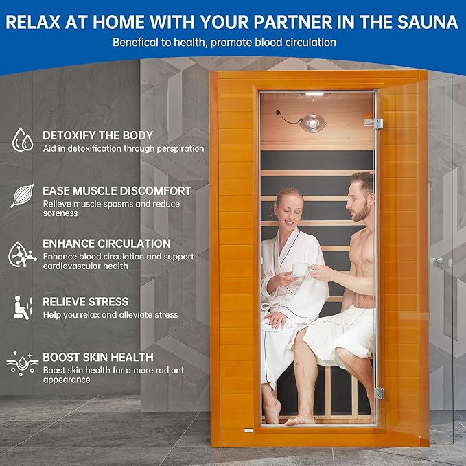 Infrared Sauna Room for Home, Near Zero EMF Indoor Home Sauna for up to 2 Person with Infrared Red Light Therapy, Bluetooth Speakers, Canadian Hemlock Wood