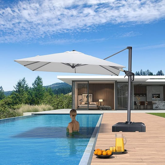 PURPLE LEAF 8' X 8' Patio Umbrella with Base for Pool 7' High Offset Outdoor Cantilever Umbrella Swimming Pool Umbrella with 360°Rotation for Poolside White
