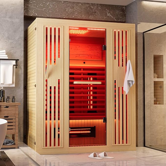 MEISSALIVVE Full Spectrum Sauna for Home, 2~3 Person Indoor Infrared Sauna Room with 10 Minutes Warm-up Heate, Canadian Hemlock Wood Home Infrared Sauna with Bluetooth and Tempered Glass