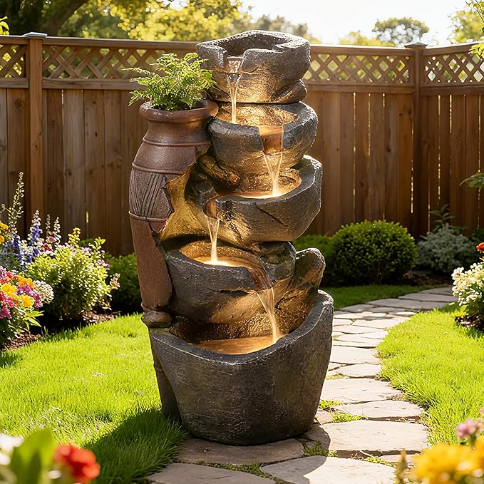 5-Tiers Cascading Rock Jar Water Fountain Outdoor, 31.7" H Outside Fountains and Waterfalls with 4 LED Lights for Patio, Deck, Porch, Backyard and Home Art Docor