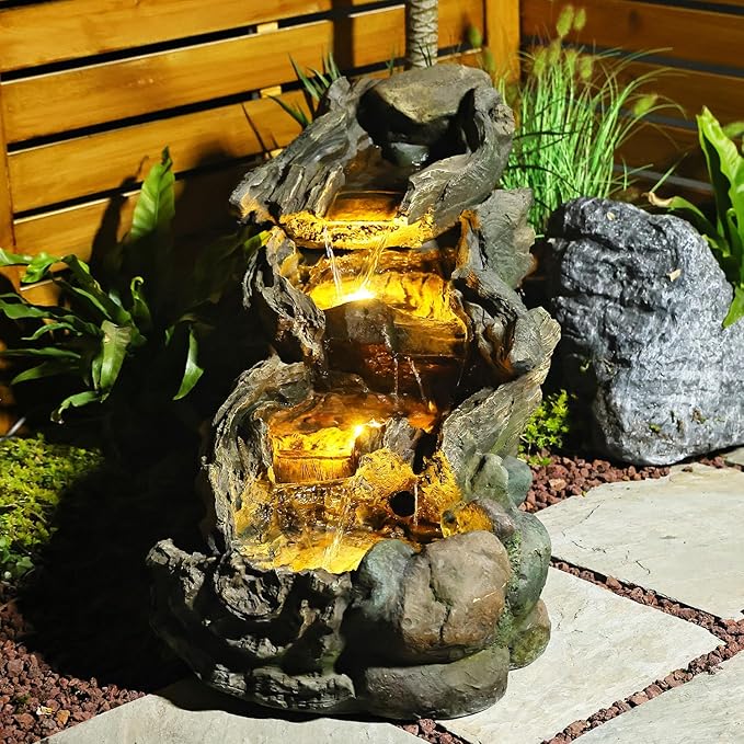 42.1 Inches Garden Outdoor Water Fountain - Mutiply Tiered Cascading Fountains Outdoor Decor with LED Lights and Pumps for Garden, Patio, Porch, Backyard, Deck, Pond and Home Art Decor