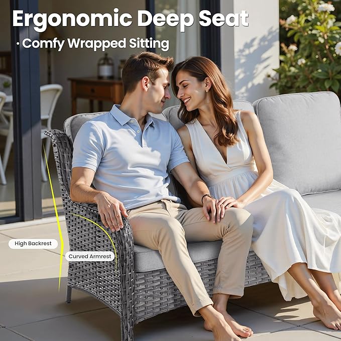 ovios 9 Pieces Patio Furniture Set, Outdoor Wicker Sofa Couch with Swivel Chairs Ottomans Comfy Cushions, High Back All Weather Modern Conversation Sets, Grey Rattan, Grey