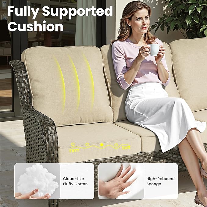 ovios 8 Pieces Patio Furniture Set, Outdoor Wicker Sofa Couch with Swivel Chairs 42" Fire Pit Table, High Back All Weather Modern Conversation Sets, Brown Rattan, Beige