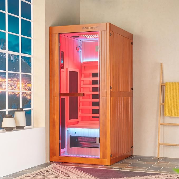 Woodbridge Infrared Home Sauna Room 1 Person Hemlock Wooden Indoor Sauna with 7 Carbon Heaters, Red Light Therapy, Bluetooth Speaker, Intelligent Control Panel, Tempered Glass & Top Vent