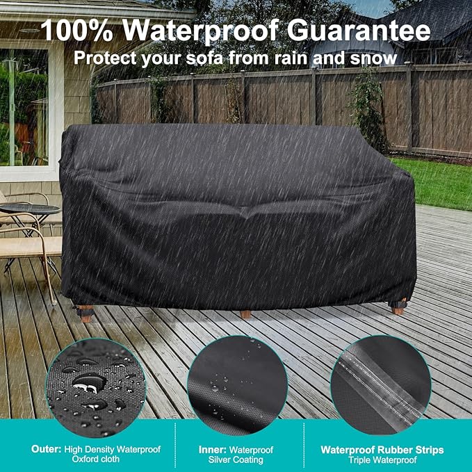 Heavy Duty Patio Sofa Cover, Waterproof 3-Seater Outdoor Couch Cover Patio Furniture Covers for Outdoor Furniture Loveseat Couch, 90.5" L×34" D×32" H, Black