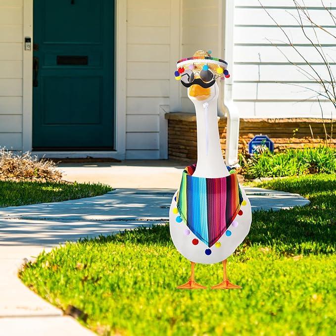 XIMEO Porch Goose Outfit for 17" & 23" Lawn Goose – Funny Fiesta Clothes Set with Hat, Sunglasses & Mustache – Holiday Porch Goose Decoration for Garden Statue