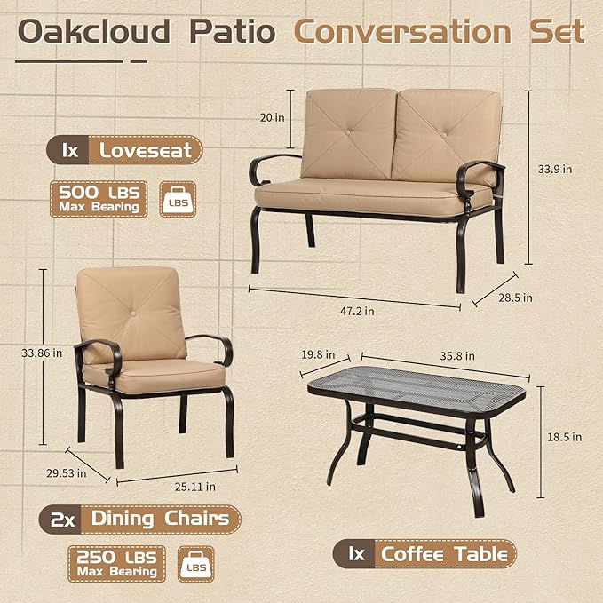 4-Piece Outdoor Metal Furniture Sets Patio Conversation Set Wrought Iron Loveseat, 2 Single Chairs, Coffee Table with Cushion, Lawn Front Porch Garden, Brown
