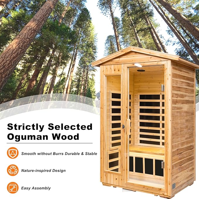 Far Infrared Sauna Room for 2 Persons Low EMF Home Indoor/Outdoor Saunas Canadian Premium Hemlock Wood-Sweating Detox-Colored Light Spectrum-LCD Display-Bluetooth