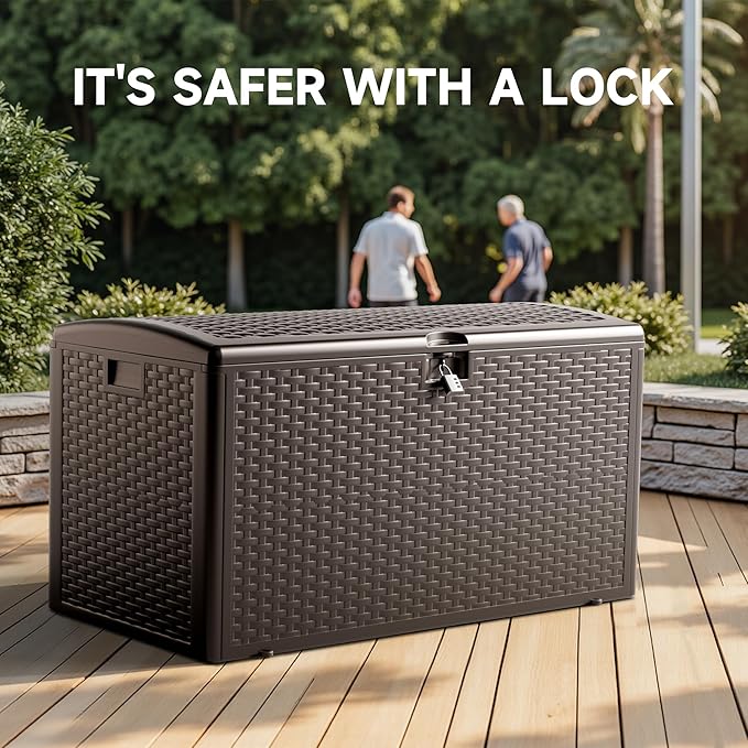 73-Gallon All-Weather Deck Box, Lockable Waterproof Resin Storage with UV Resistance for Patio Furniture, Garden Tools, and Pool Accessories (Brown)