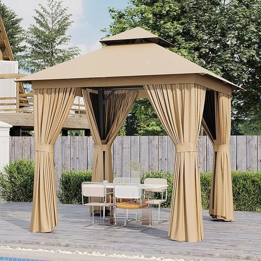 AOXUN Outdoor Gazebo for Patio 8x8, Metal Frame Canopy with Double Roofs, Heavy Duty Party Tent and Shelter with Mosquito Netting and Privacy Screen for Backyard, Lawn, Garden, Deck