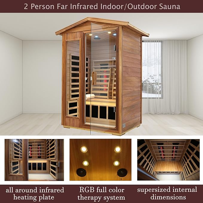 Outdoor Sauna 2 Person, Ceramic Infrared Saunas for Home, 0－5 mg Low EMF Infrared Sauna, Mahogany Wood Home Sauna Room with Bluetooth Speakers, LED Reading Lamps, Chromotherapy Lights