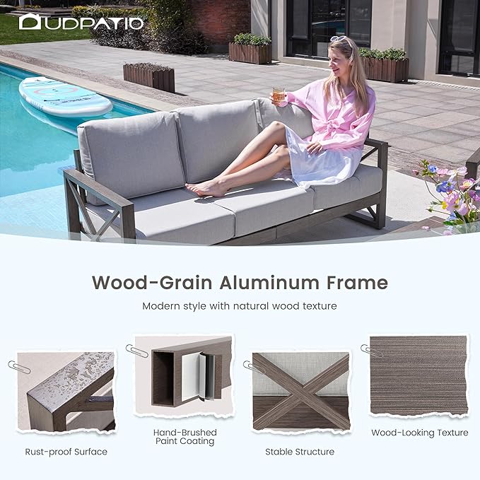 UDPATIO 5 Piece Aluminum Patio Furniture Set Faux Wood Grain Modern Outdoor Furniture Patio Conversation Set with 6" Olefin Fabric Cushions and Coffee Table, 600D Waterproof Cover Included, Light Grey