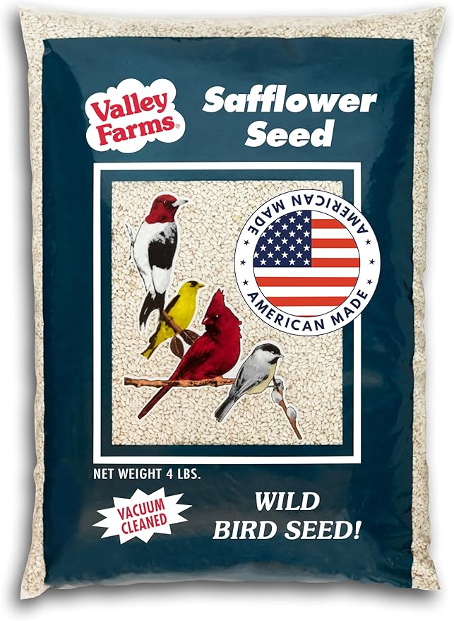 Valley Farms Safflower Seed Wild Bird Food (4 LB) Birdseed for Outside Feeders to Attract Cardinals, Titmice & Grosbeaks