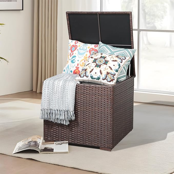 Patiorama 88 Gallon Wicker Deck Box, Indoor/Outdoor Storage Box for Patio Cushions, and Gardening Tools- Resin Rattan Patio Cushion Storage Bin, Brown