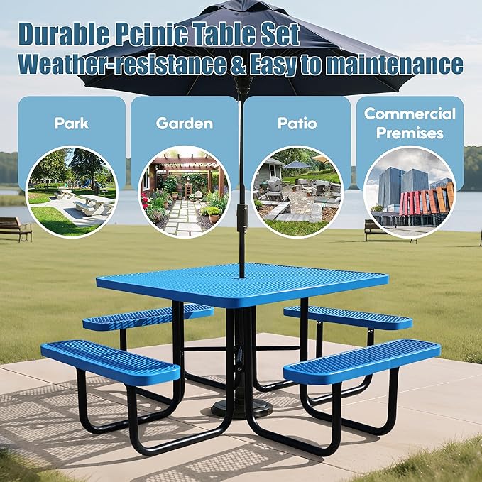 8-Person Picnic Tables for Outdoors, Industrial 46" Expanded Metal Square Picnic Table with 4 Benches & Umbrella Hole, Outside Table and Bench Set for Garden, Backyard, Porch, Patio, Blue