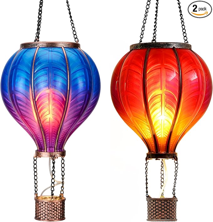 TERESA'S COLLECTIONS 2 Pcs Hot Air Balloon Solar Lantern Outdoor Garden Decor, Waterproof Hanging Solar Lantern with Flickering Flame Light for Yard Tree,Gift for Mom Lovers,18"