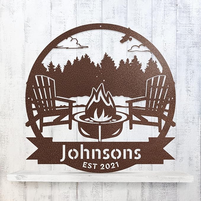 RealSteel Forest Campfire Monogram, Custom Home & Wall Décor, Personalized Sign, Outdoor Campsite, for Backyards, Deer Leases, Campgrounds, and Fire Pit area