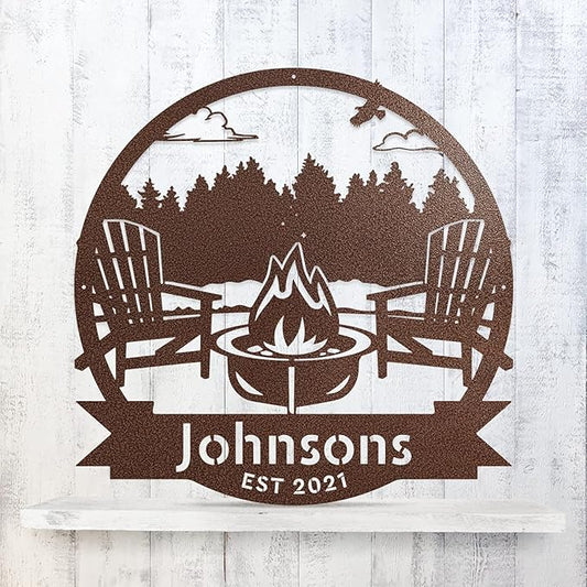 RealSteel Forest Campfire Monogram, Custom Home & Wall Décor, Personalized Sign, Outdoor Campsite, for Backyards, Deer Leases, Campgrounds, and Fire Pit area