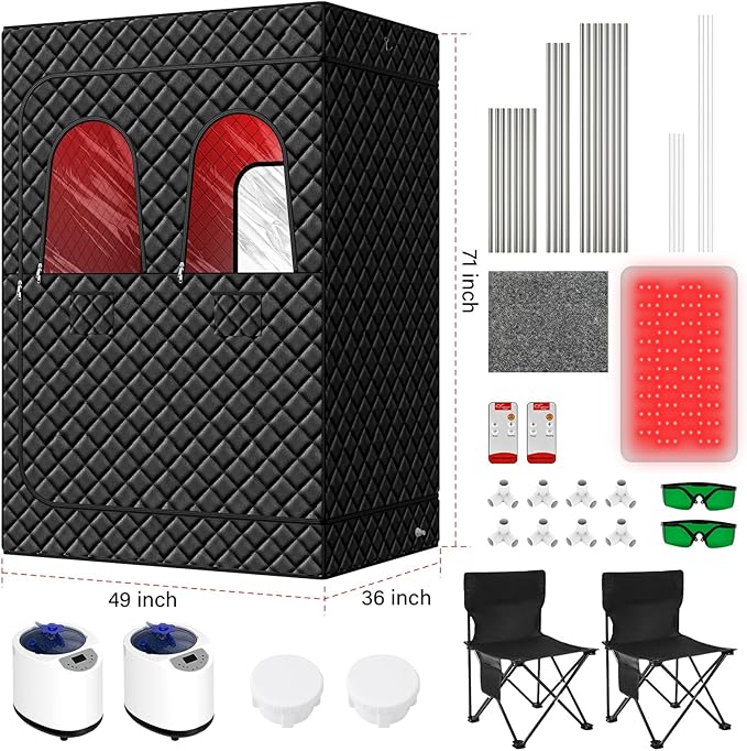 2 Person Infrared Sauna Box for Home, Portable Steam Sauna with 660nm Red Light Therapy Lamp, 5-Layer Waterproof, 2 Steamers, 2 Folding Chair
