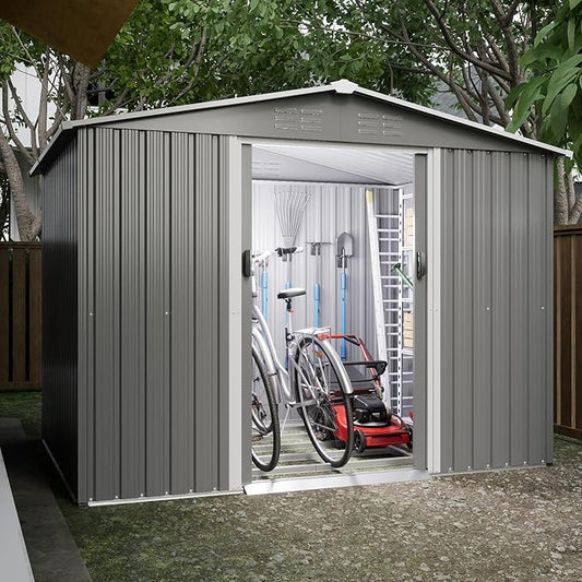 Metal Outdoor Storage Sheds 8 x 6 FT Lockable Metal Garden Shed Steel Anti-Corrosion Storage House with Double Lockable Door for Backyard Outdoor Patio