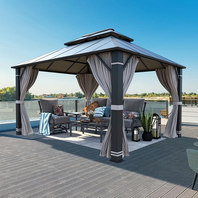 YOLENY 10'x12' Hardtop Gazebo, Outdoor Double Roof Aluminum Composite Gazebos with Curtains and Netting for Patio, Lawn, and Garden