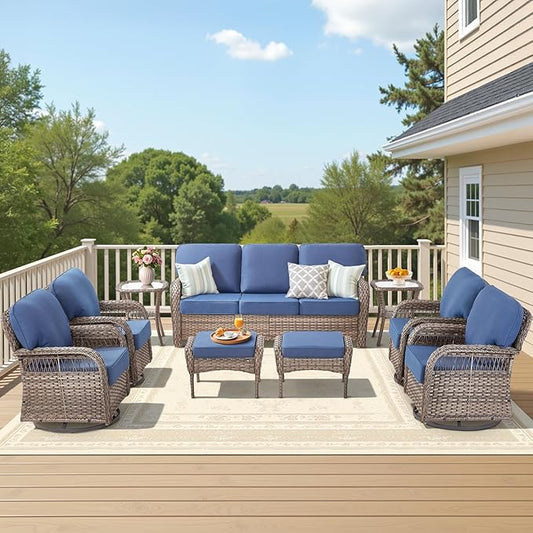 9 Pieces Patio Furniture Set Outdoor Sectional Sofa Couch with Rocking Swivel Chairs 5" Deep Seat Chairs, Modern Wicker Rattan Conversation Set, Blue/Gray Wicker