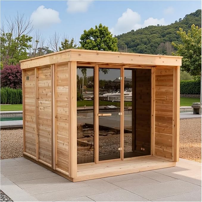 ZONEMEL Outdoor Red Cedar Steam Sauna for 8 Person, Modern Square with Porch, Full-Glass Front, 8KW ETL Harvia Heater, LED Lighting, Waterproof Roof, Double Bench, Complete Accessories