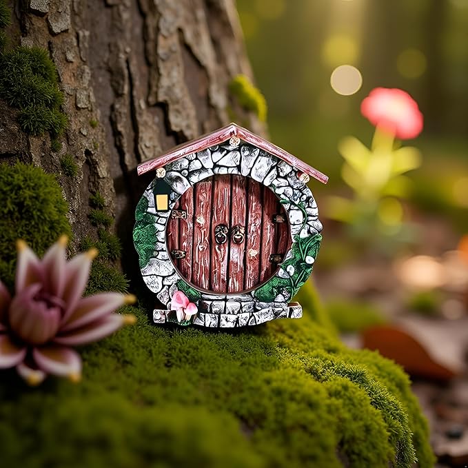 brownArchway Mini Fairy Garden Door for Tree, 3D Miniature Fairy Door for Fairytale Tiny House Doors, Bonsai Terrarium Micro Landscape Decoration Accessories Garden Miniatures