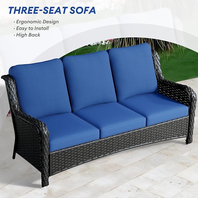 HOOOWOOO Patio Outdoor Furniture with Large Fire Pit Table,High Back 6 Piece Wicker Patio Conversation Set with Swivel Chairs,7 Person Couch Sofa Seating,Navy Blue