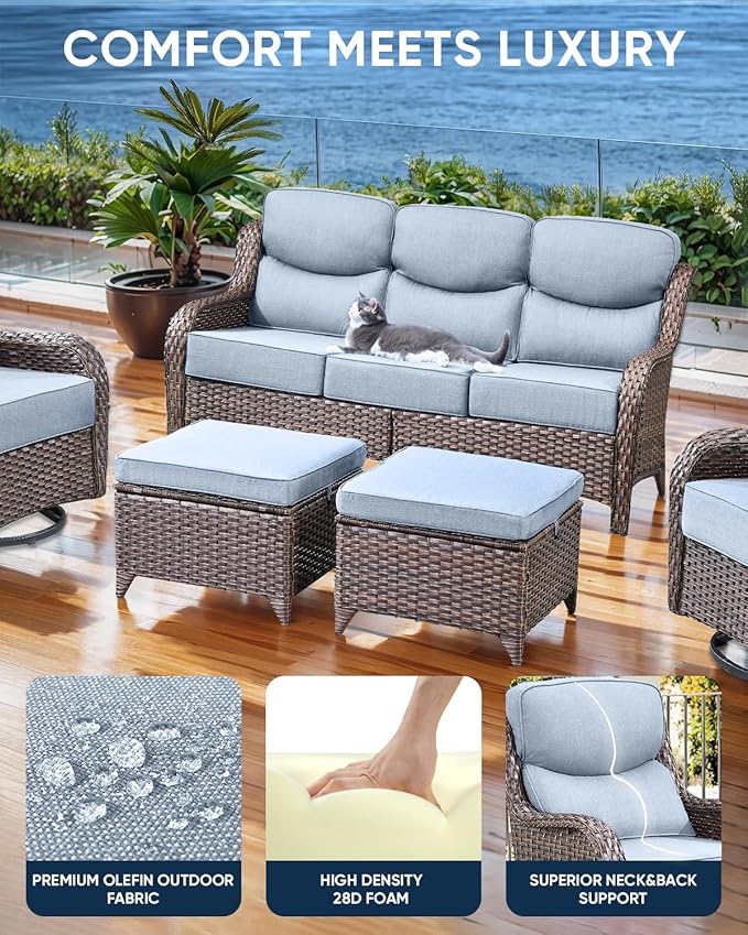 Luxury 22x24/22x25 6-Inch Smile Outdoor Cushions - 1 Set Deep Seat Water-Resistant Patio Chair Cushion for Wicker Rattan Wood Metal Furniture Chair Glider Rocker Loveseat Sofa - Baby Blue