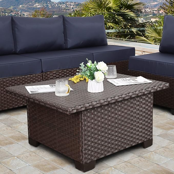 Outdoor Table with Storage Outside Patio Table Wicker Convertible Coffee Table All-Weather Rattan Coffee Table, Brown