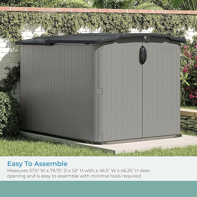 Suncast 138 Cu Ft Horizontal Outdoor Storage Shed, 57.5"x79.75"x52" Glidetop Outdoor Shed with Sliding Lid, Plastic Resin Storage Sheds with Floor for Bikes, Motorcycles, & Lawn Mower, Made in the USA
